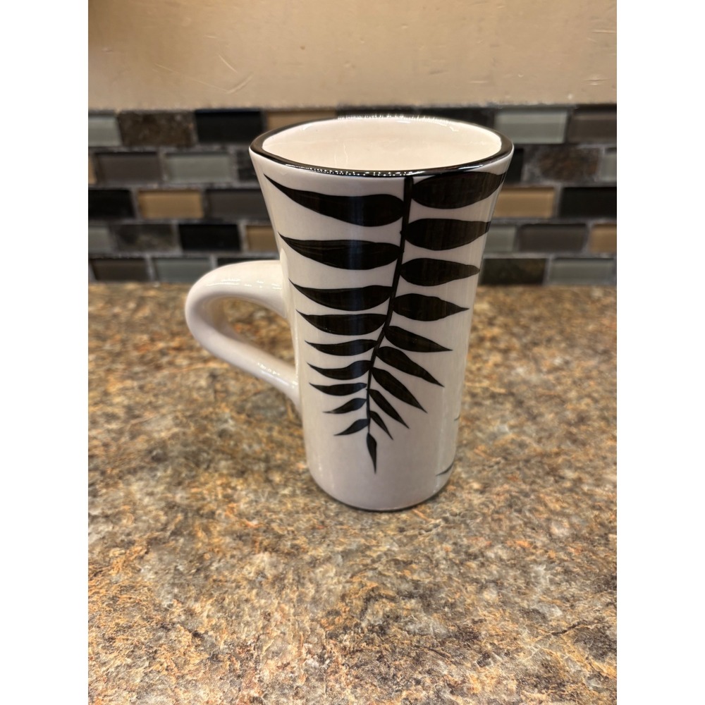 Evandale Tall White Ceramic Latte Mug Black Fern Leaf Botanical Design 6 Inch - Picture 3 of 9